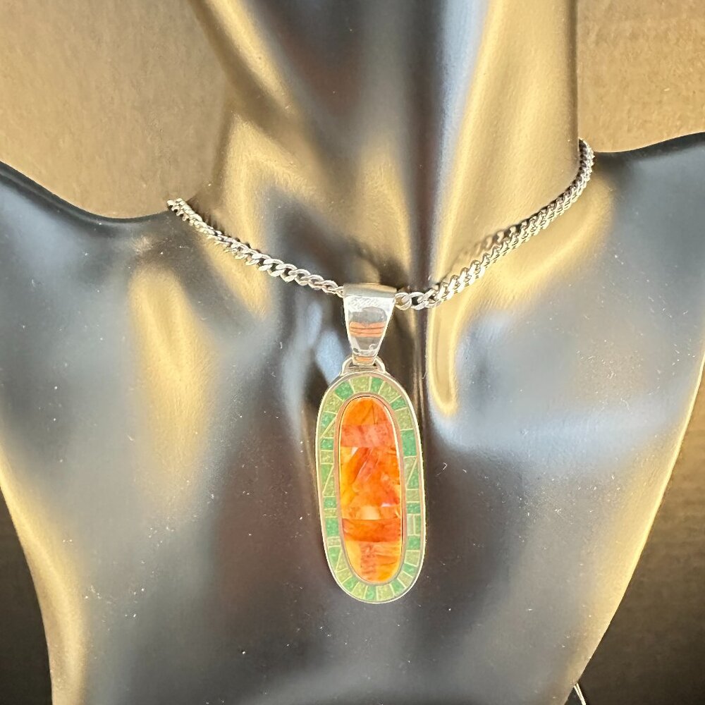 🔥🌿 STERLING SILVER INLAY PENDANT – ORANGE & GREEN MOSAIC 🌿🔥